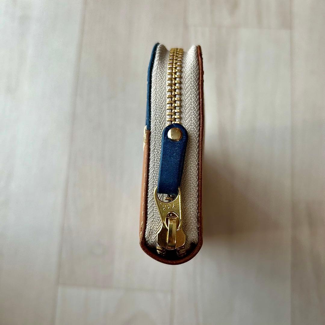 本革 長財布 ライトキャメル×コバルト イタリアンレザー 手縫い