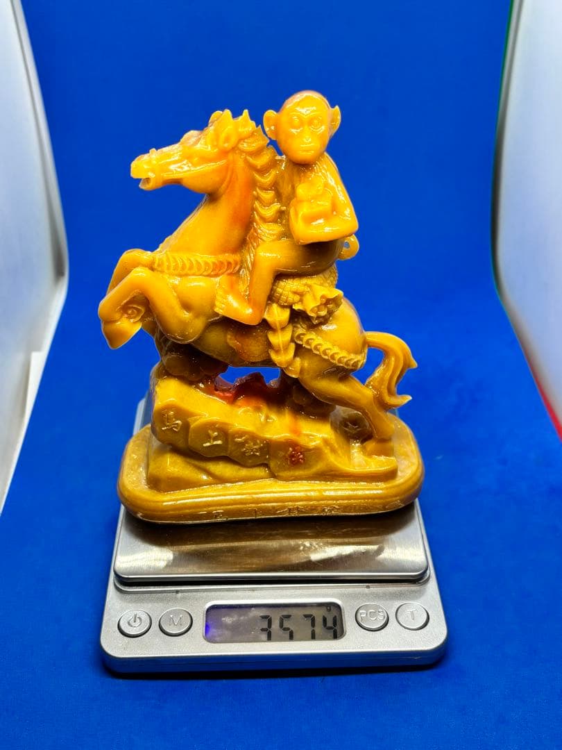 極美品 寿山石「馬上封侯」精雕置物 約14×10×5cm 350g 5899