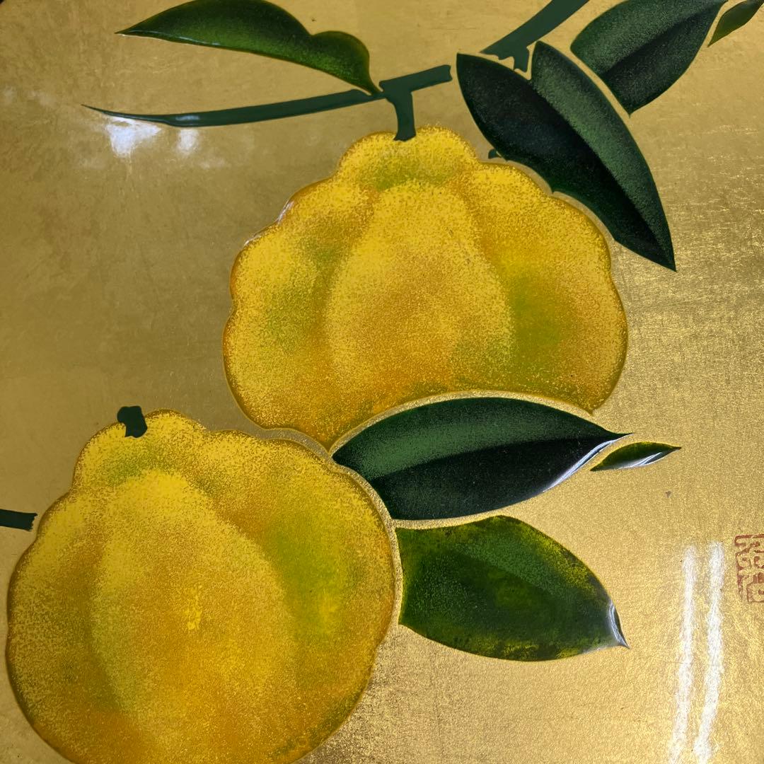 高級漆芸 金地 柚子文様 飾り額 パネル 黒塗り 漆器 漆芸 装飾 蒔絵 柑橘系