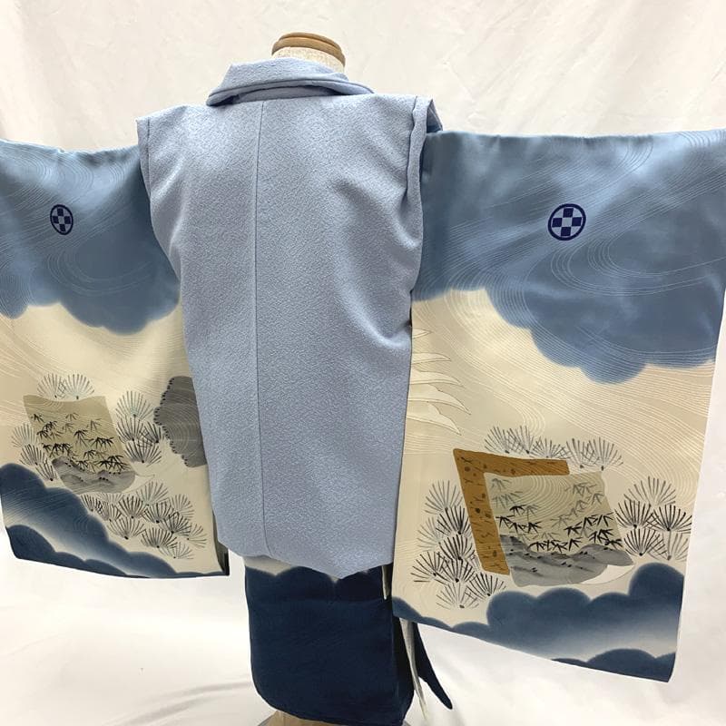 602ab50□七五三 三歳 男児 着物&被布&長襦袢 五つ紋 鷹 巻物□美品