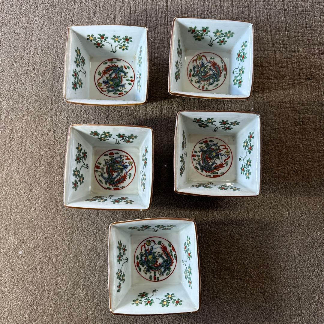 大明萬暦年製 龍の絵 角鉢 5点 時代物 骨董品 深鉢皿 景徳鎮