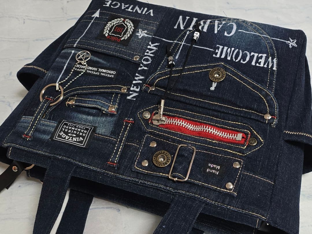 デニムリメイクトートバッグ 大きめ 上部ファスナー カジュアル ビジネス