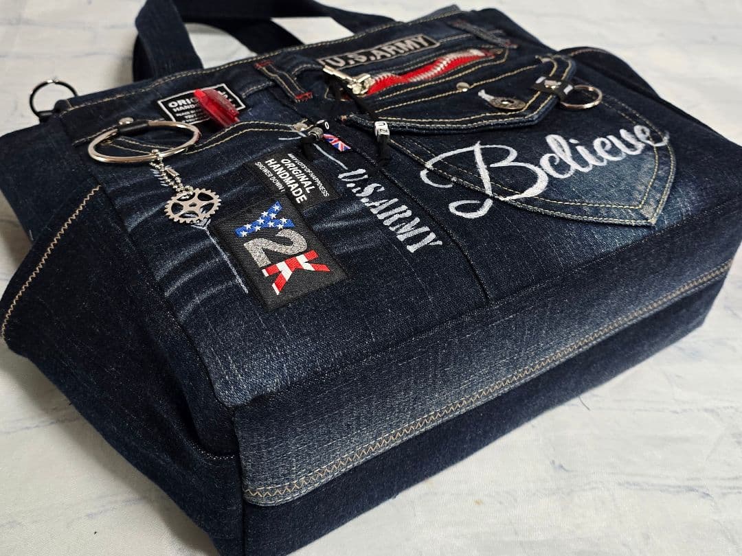 デニムリメイクトートバッグ 大きめ 上部ファスナー カジュアル ビジネス