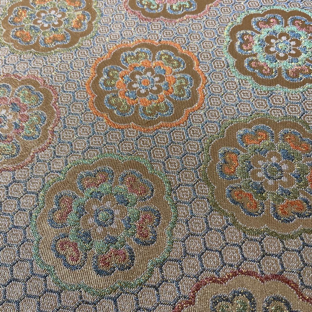 袋帯　きらめく吉祥花文　リメイク　バンブーハンドルバッグ　浅型マチ広め