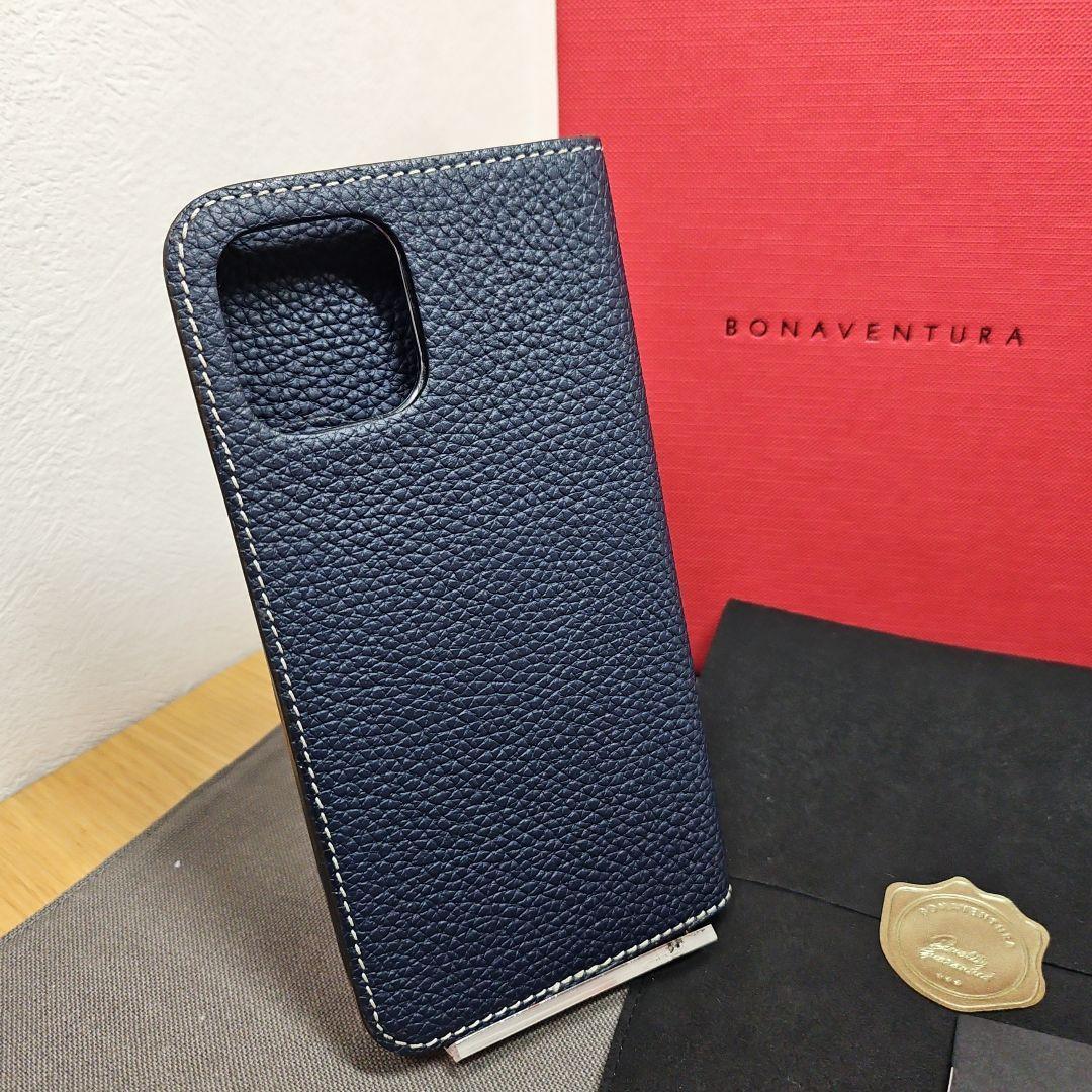 美品 BONAVENTURAボナ iPhone12PRO用手帳型ケース ネイビー