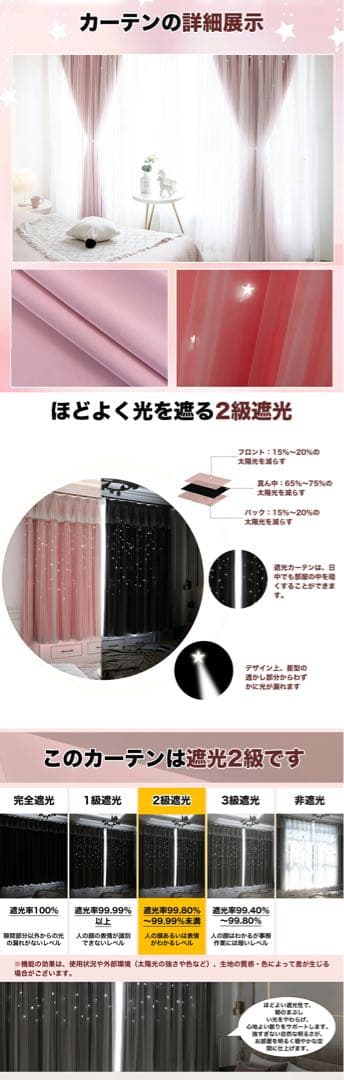 姫系カーテン 遮光 星 透かし彫り 一体型 二重カーテン レース付き防音カーテン