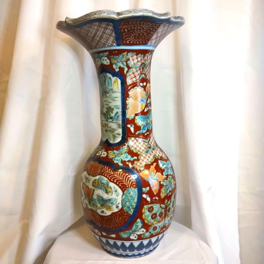 明治期　蔵春亭 西畝造　錦出　古伊万里　輪花大花瓶　飾壷 43cm　共箱　骨董品