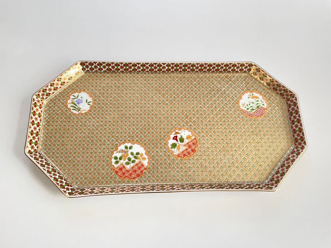 4未使用庫山窯前畑陶器金彩狩衣八角長盛大皿廃盤品 35cm×18cm難有