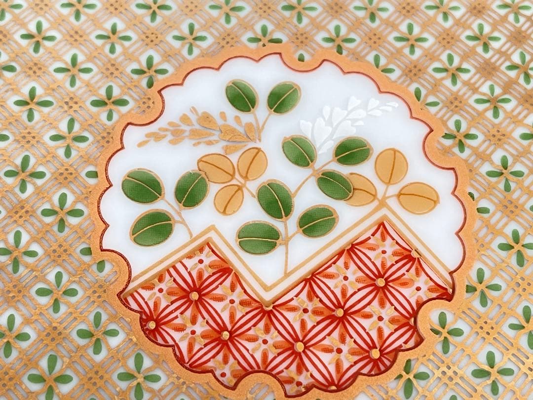 4未使用庫山窯前畑陶器金彩狩衣八角長盛大皿廃盤品 35cm×18cm難有