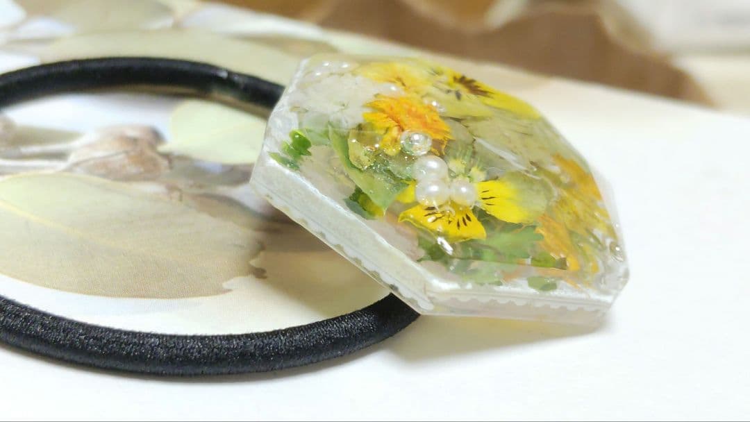 押し花レジン 六角形ヘアゴム 約3.7cm