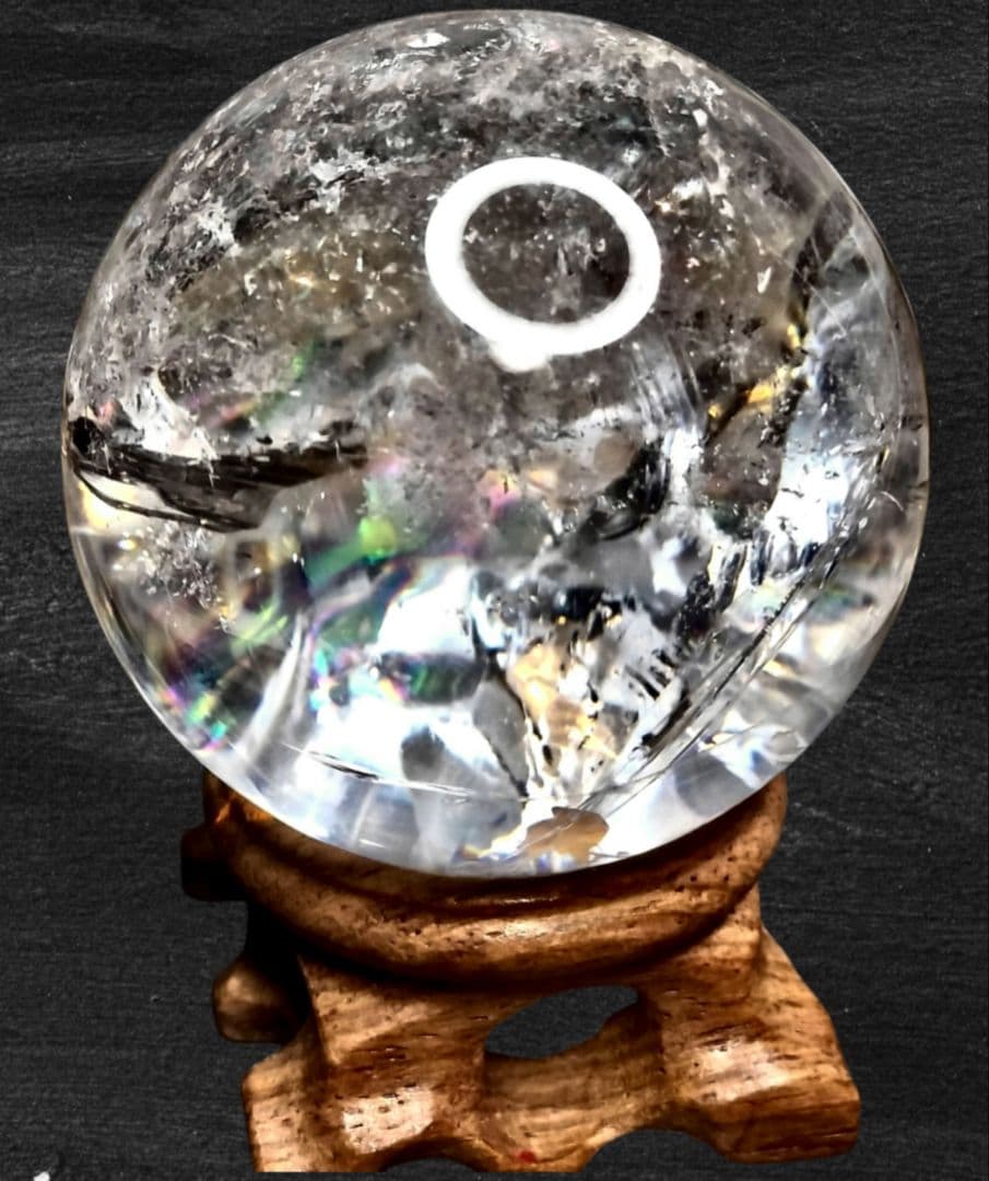 天然アイリスクォーツ スフィア 54mm ブラジル産 木製台座付 虹 天然水晶