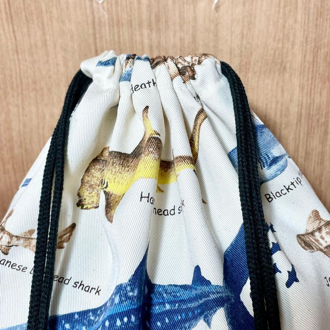 サメ図鑑(生成り)×黒　入園入学グッズ5点セット/裏地キルティング