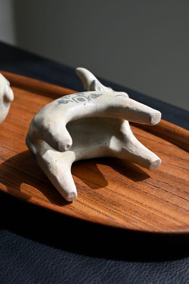 安南染付牛 一対 置物