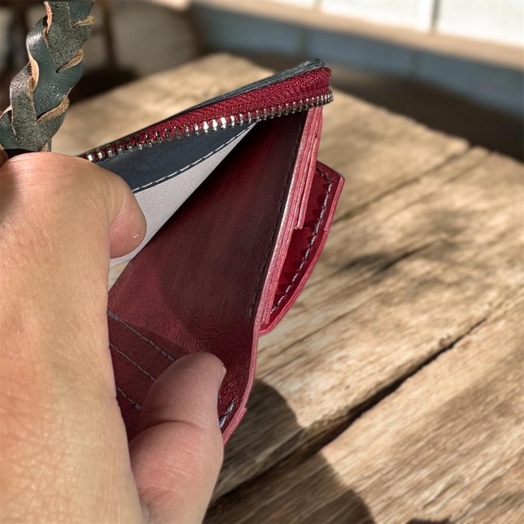 【本革】手縫 二つ折り財布 コンパクト レザーウォレット ハンドメイド 経年変化