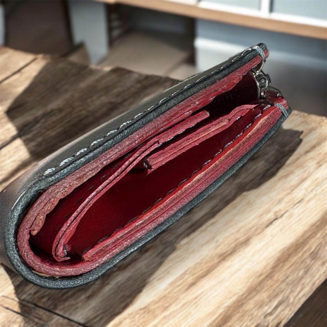 【本革】手縫 二つ折り財布 コンパクト レザーウォレット ハンドメイド 経年変化