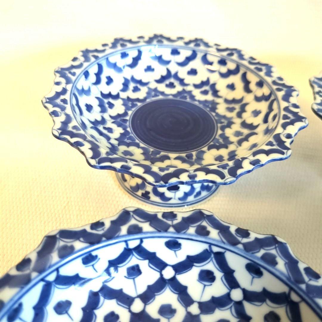 小皿　高脚付き皿　デザート皿　アイスクリーム皿　青白　タイ製　お皿