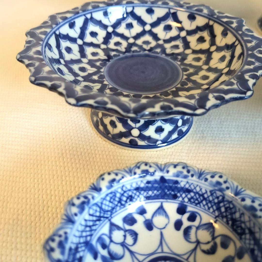 小皿　高脚付き皿　デザート皿　アイスクリーム皿　青白　タイ製　お皿