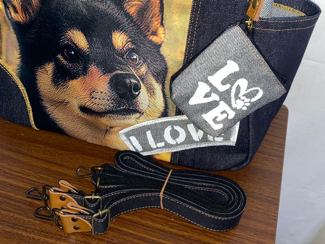 ☆ハンドメイド☆岡山デニム☆黒柴犬☆4wayあおりバッグ