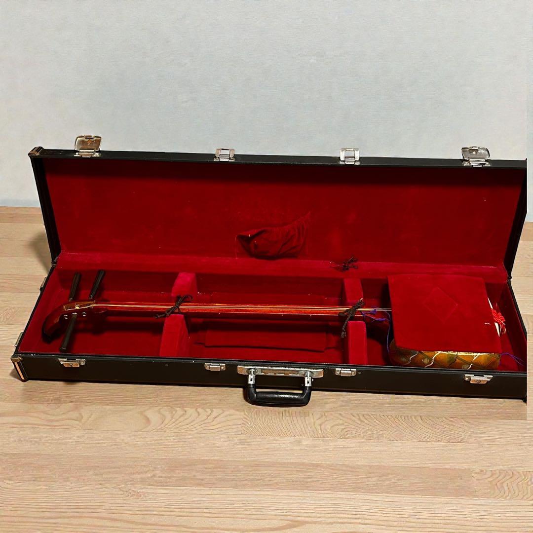 長唄三味線 中棹 硬木棹 木製糸巻・胴掛（五厘大） ハードケース付 現状品