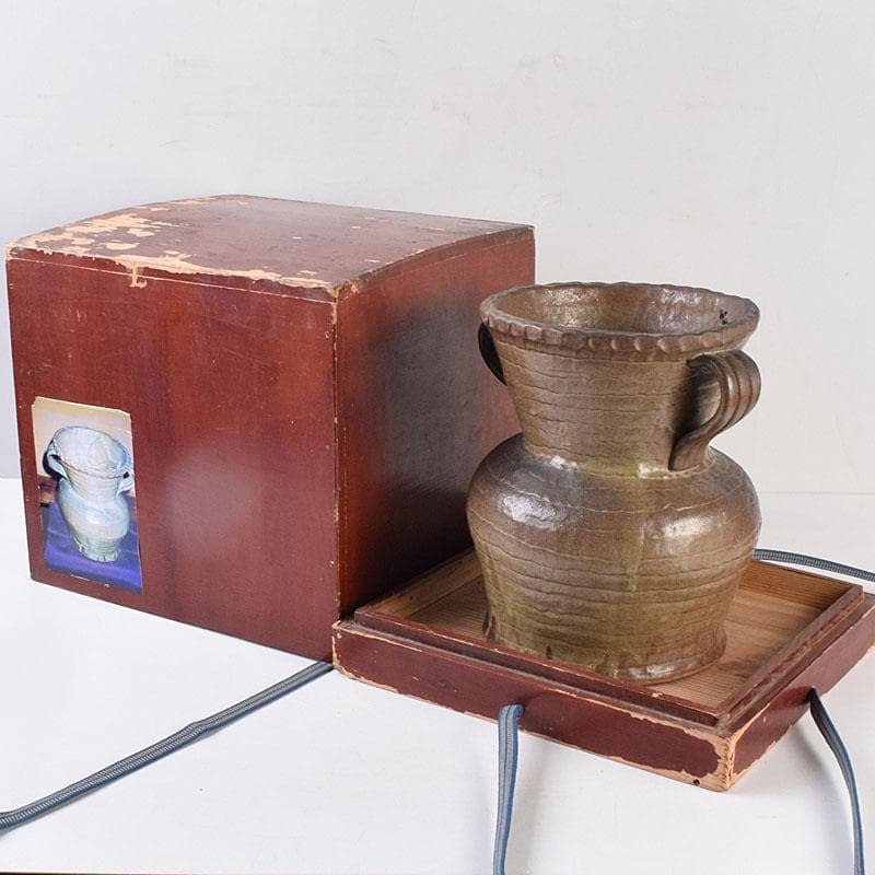 壺屋焼　爍山銘　内魚刻　双耳壷　花瓶　時代箱　M　R9056H