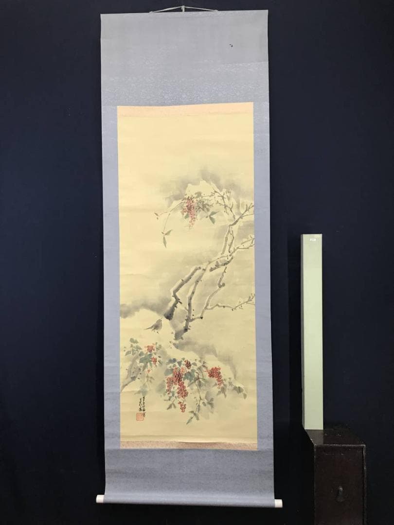 【真作】内田呉山/雪中南天小禽図/花鳥図/小鳥図/掛軸/名家伝来/AC-544