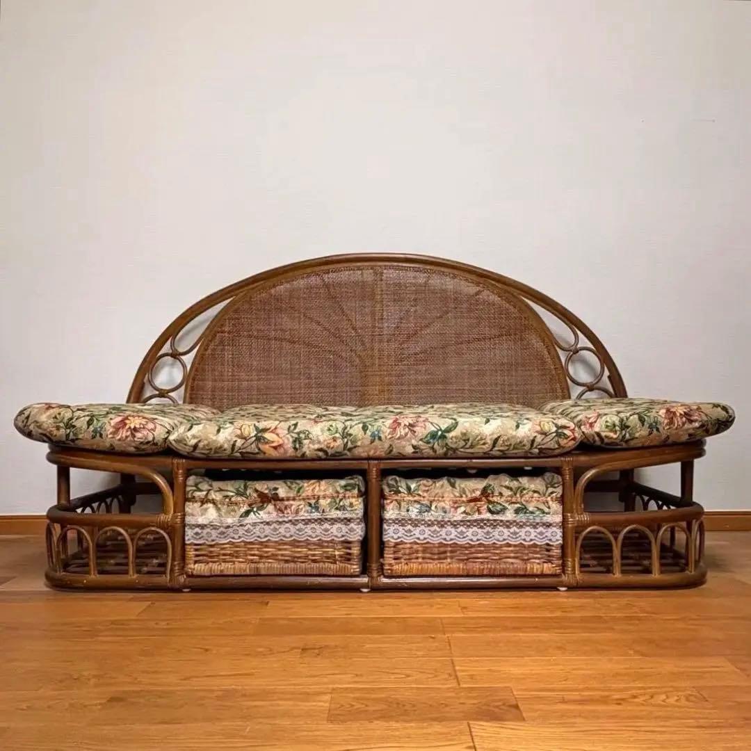 籐家具 ヴィンテージ ラタンデイベッド 収納付き 144cm放射編みバックレスト