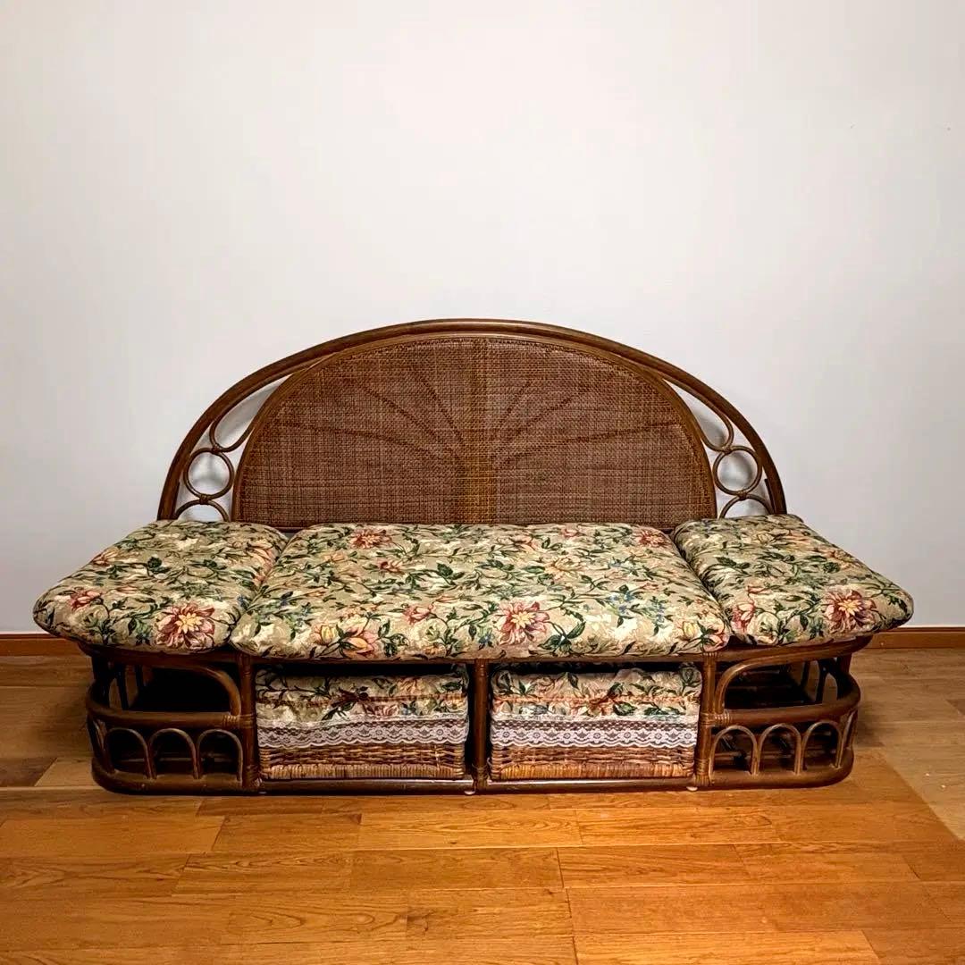 籐家具 ヴィンテージ ラタンデイベッド 収納付き 144cm放射編みバックレスト