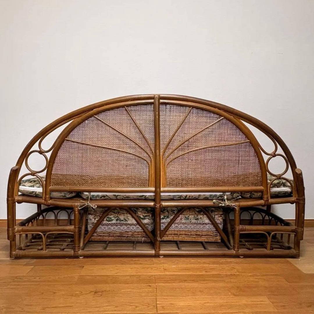 籐家具 ヴィンテージ ラタンデイベッド 収納付き 144cm放射編みバックレスト