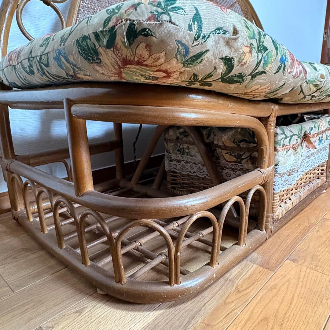 籐家具 ヴィンテージ ラタンデイベッド 収納付き 144cm放射編みバックレスト