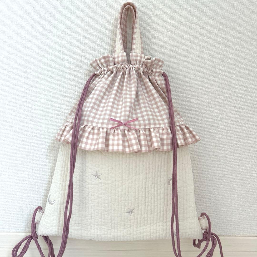 入園入学3点セット　 【月と星ヌビ×くすみピンク】　女の子　手提げ　ループ