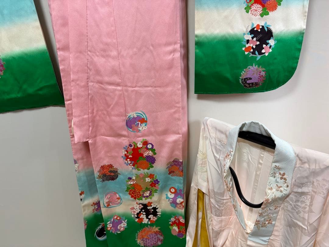 七五三　7才お嬢様　振袖　長襦袢　高級　正絹　金箔細工　優しいピンクグリーン