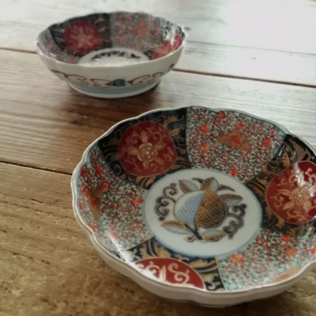 古伊万里　花唐草　葉唐草　唐花　桃図　色絵　輪花　なます皿　２客