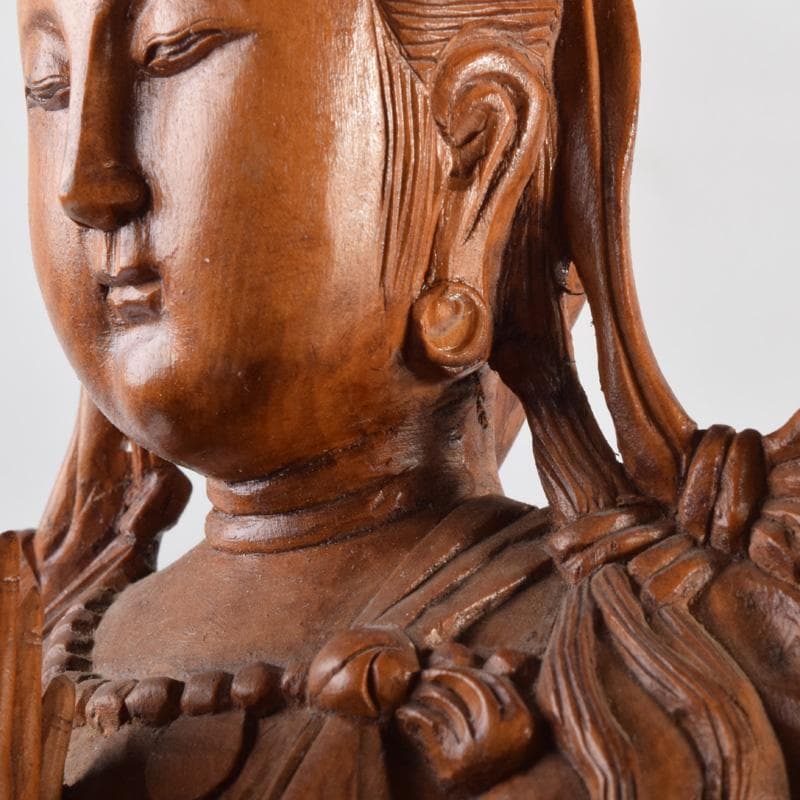 中国　唐木黄楊木製　玉石装飾　観音菩薩像　仏像　高さ約40cm　N　7208