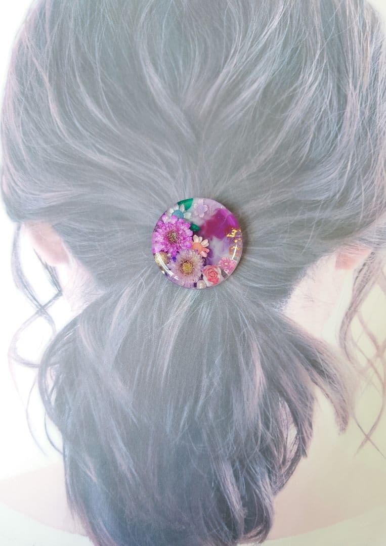 レジン　猫　ドライフラワー　ヘアゴム　ブローチ　ポニーフック　No.492