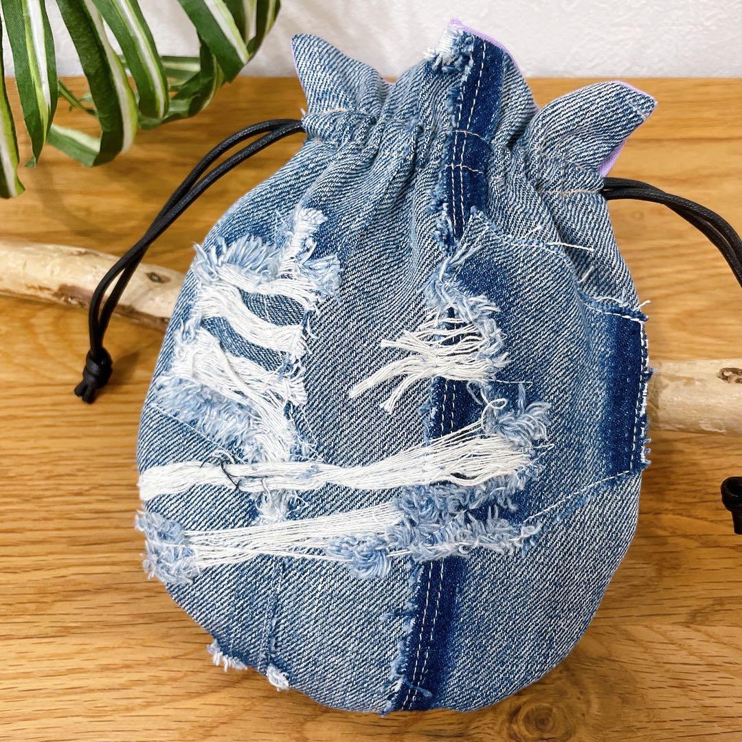 sold！デニムリメイク★まんまる巾着ポーチ大