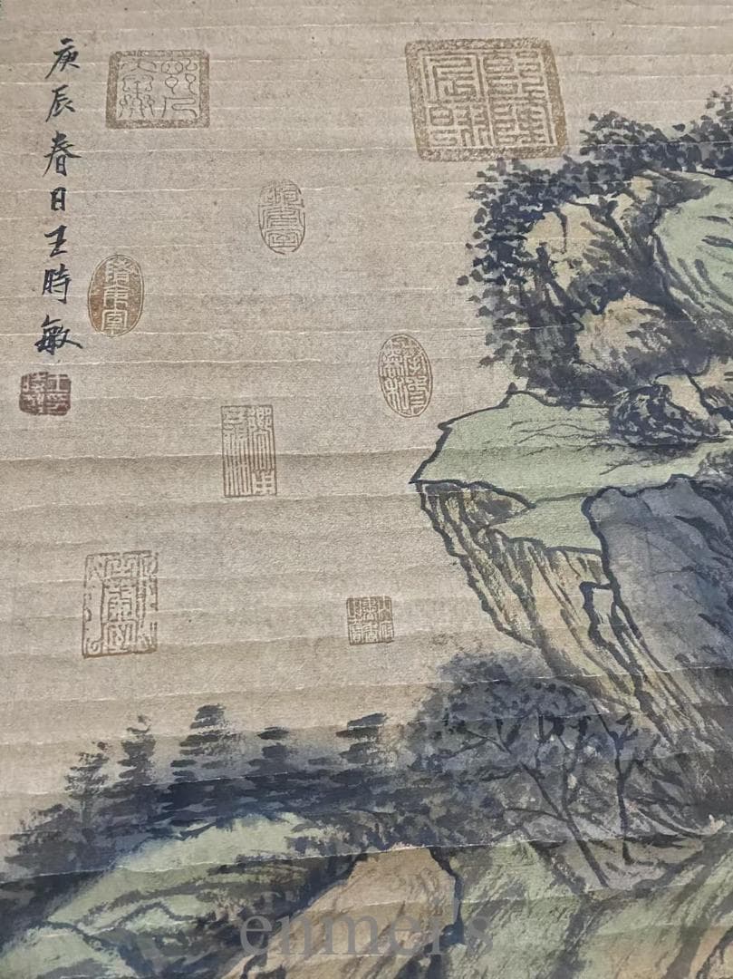 中国古美術『王時敏款 山水画』三尺中堂画 掛軸 表装済 宣紙 清代款 唐物 模写
