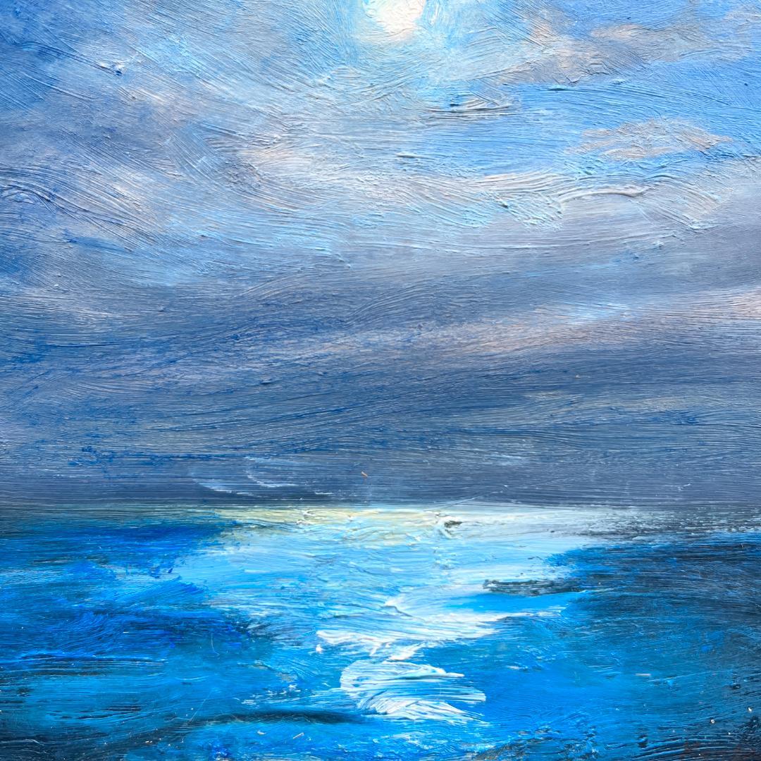 【額付き】 月夜の海 油絵 原画 ０号 インテリア