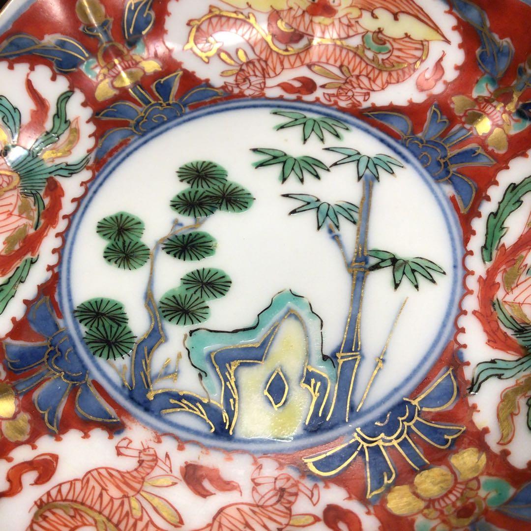 A608 古伊万里　極上赤絵　窓絵に団龍鳳凰紋様　綾花型　金縁　小皿5枚（箱付）