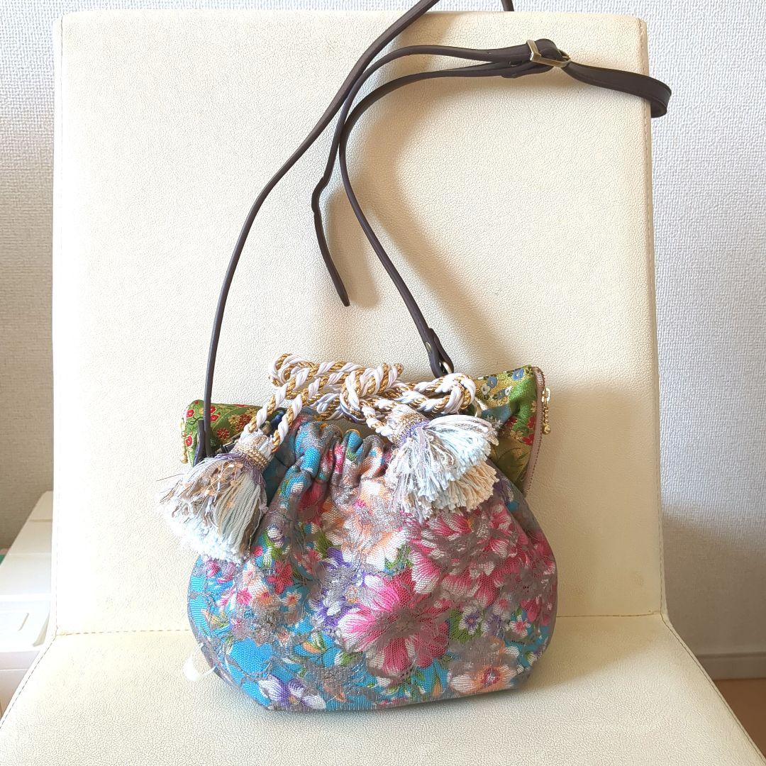 猫耳ショルダーバッグ　巾着　台湾花布