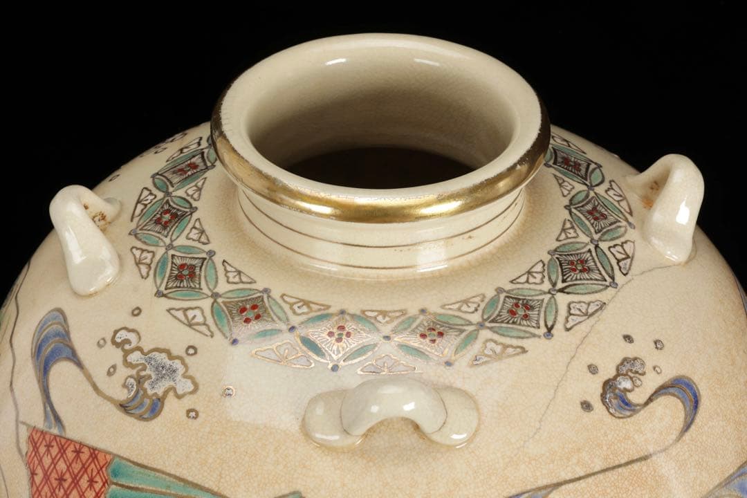 京焼 色絵扇面図四耳壺 仁清写 扇子図 金彩色絵 花瓶 飾壺 高35cm 古美術