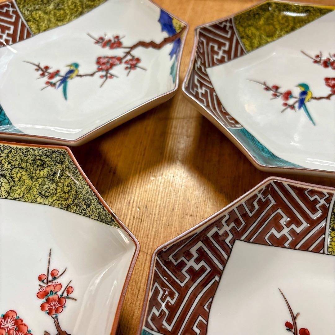九谷焼　暁堂　古九谷　花鳥　6号皿揃　中皿　八角皿　盛皿　6枚セット　19cm