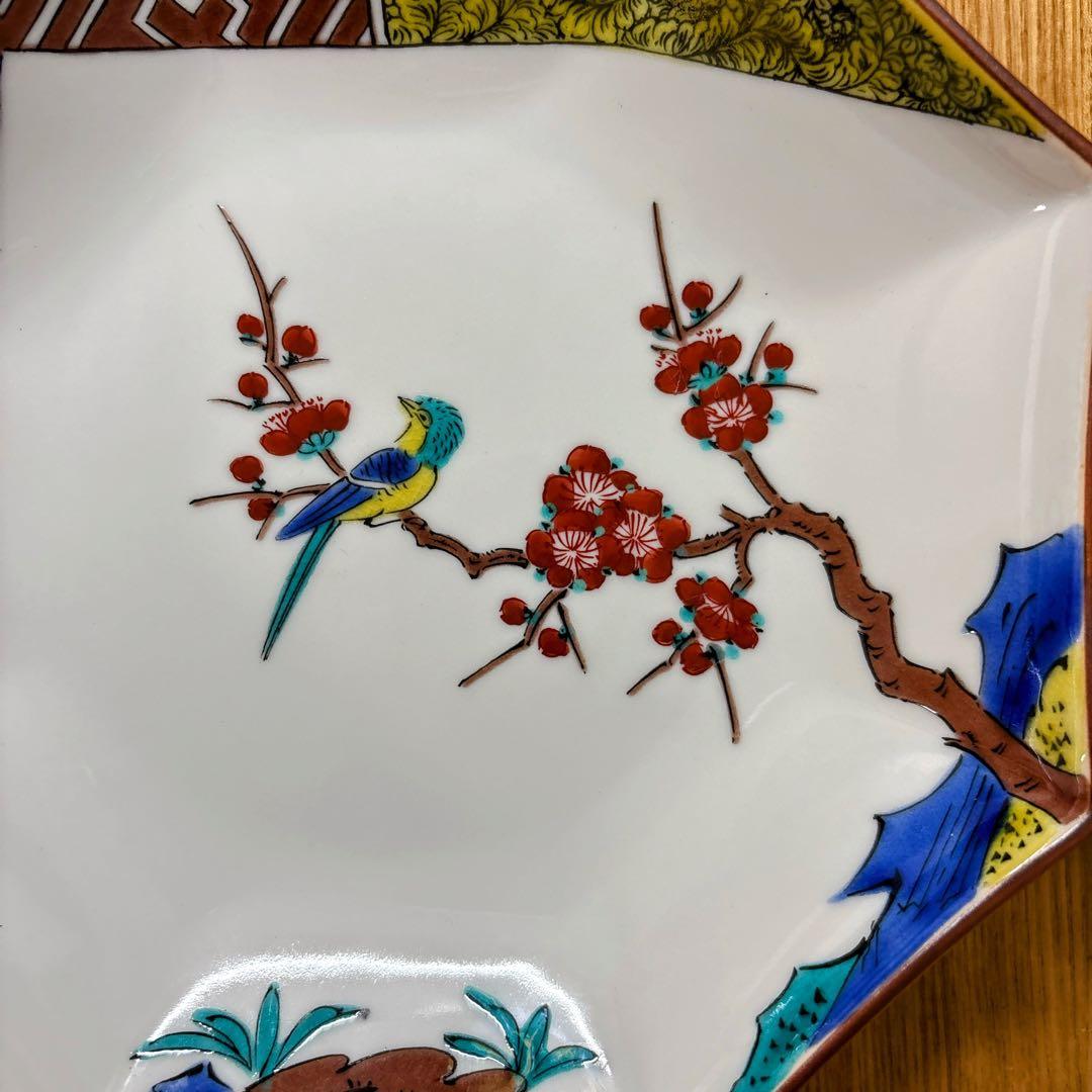 九谷焼　暁堂　古九谷　花鳥　6号皿揃　中皿　八角皿　盛皿　6枚セット　19cm