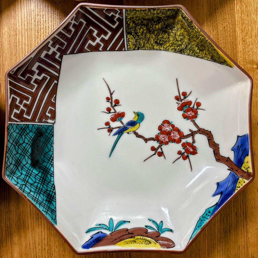 九谷焼　暁堂　古九谷　花鳥　6号皿揃　中皿　八角皿　盛皿　6枚セット　19cm