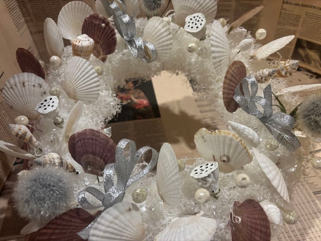 1点モノ☆貝殻とパールのホワイトリース(シルバー)