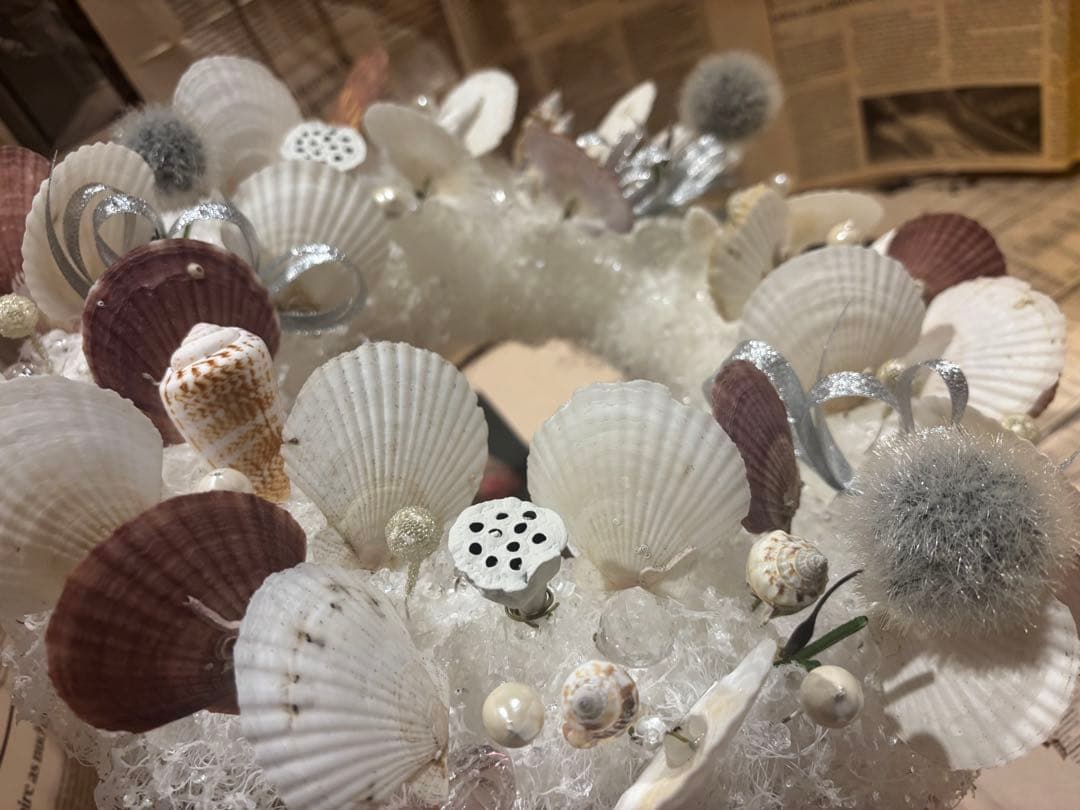 1点モノ☆貝殻とパールのホワイトリース(シルバー)