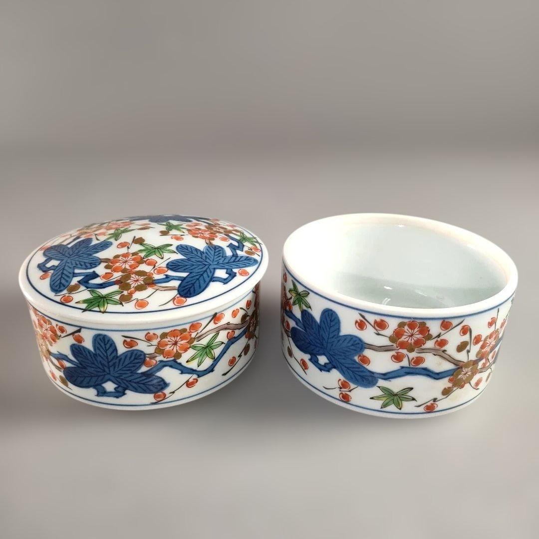 A1337-4/有田焼/染錦色絵金彩花草文雑煮碗/共箱/蓋物/懐石道具/