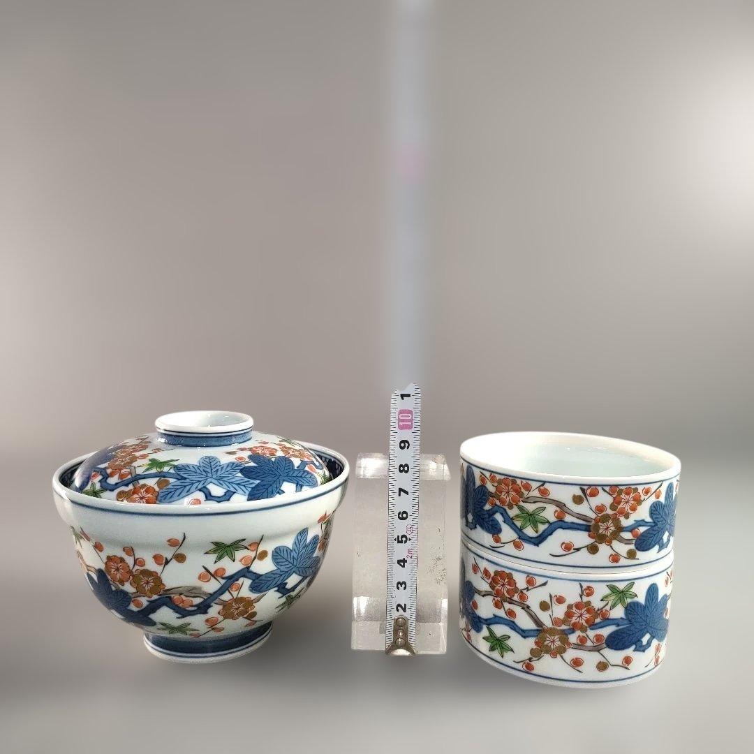 A1337-4/有田焼/染錦色絵金彩花草文雑煮碗/共箱/蓋物/懐石道具/