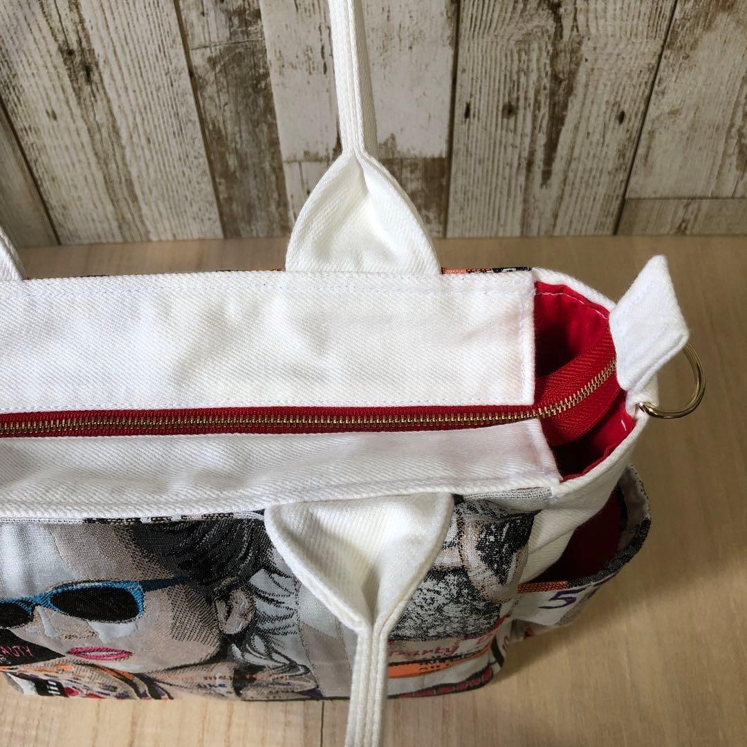トートバッグ　ハンドメイド　デニムリメイク　ホワイト　レッド【新品デニム】