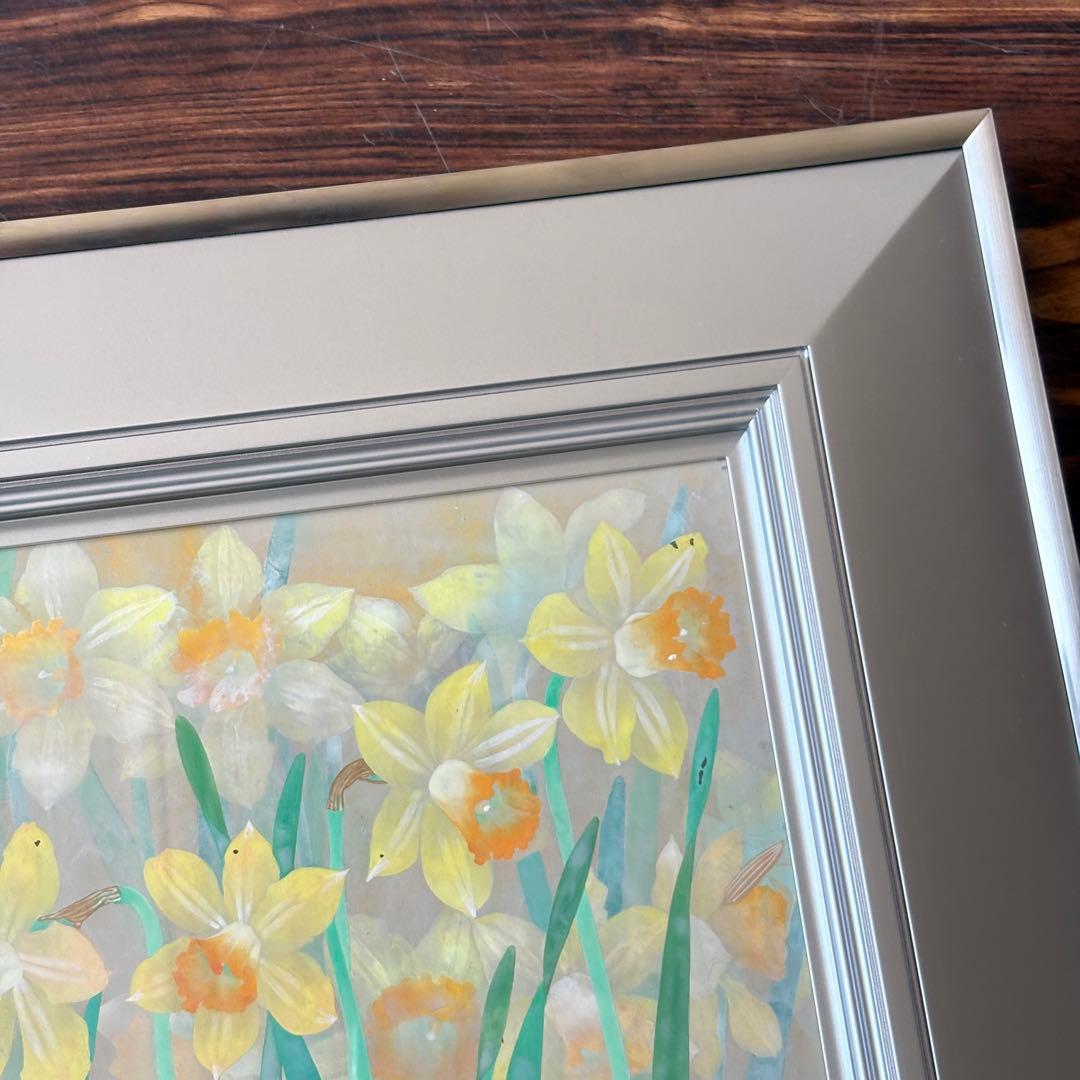 長谷川笑子「咲く」日本画 4号 額装 共シール 花 水仙 F