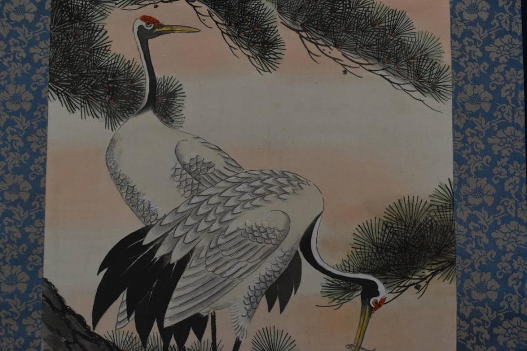 龍僊/龍仙/松上双鶴図/松鶴図/祝事掛/鶴巣籠図/掛軸/名家伝来/AA-428